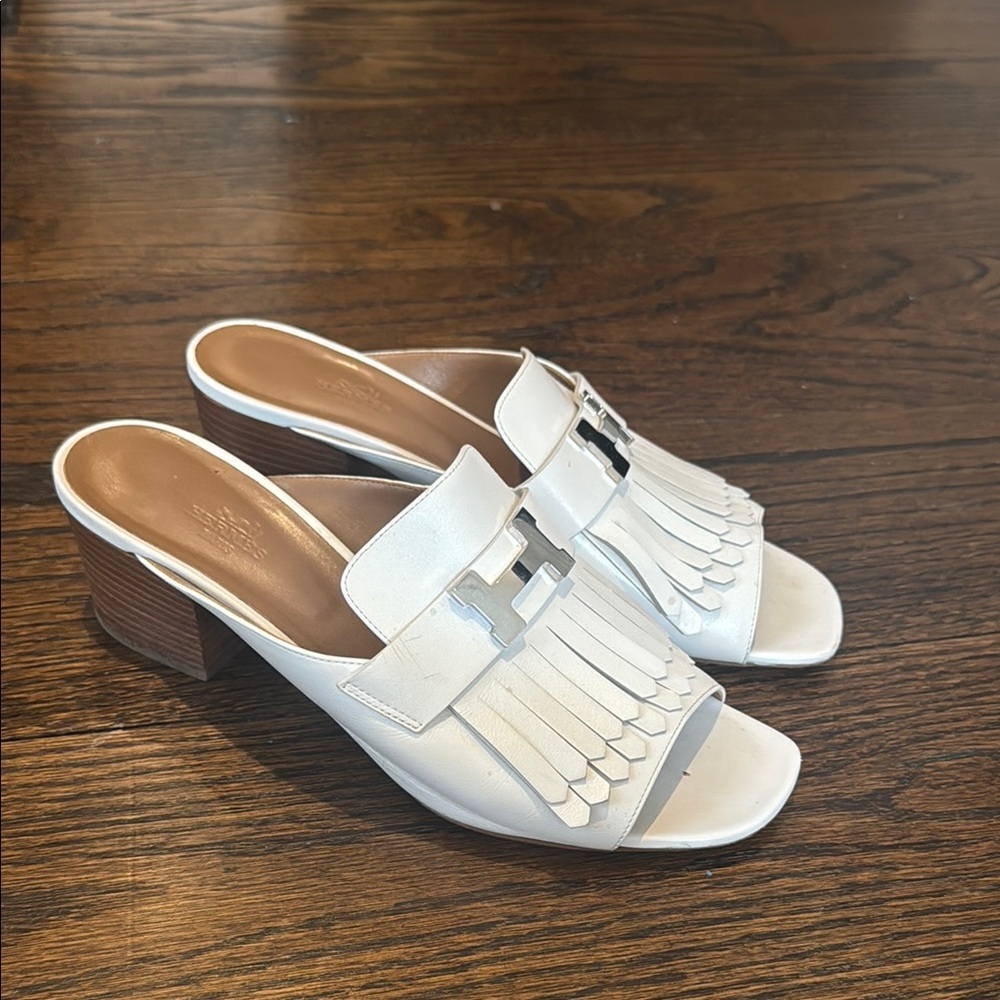 Hermes Alma White Leather Sandal Mules